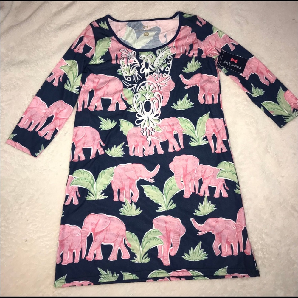 Simply Southern Pink and Green Elephant Long Sleeve Dress